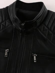 LEDUNTINO Men's Fashion Zipper Casual Outdoor Motorcycle Leather Jacket, Sports Style, Solid Color, Bomber Jacket, Men's Spring/Autumn Stand Collar, Motorcycle Windbreaker Leather Jacket, Versatile, Suitable For Outdoor And Commuting, Ideal Gift For Boyfriend Or Husband, Thermal Lined, Winter Style - Black - View 3