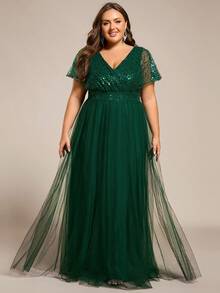 EVERPRETTY Sheer Contrast Sequin V-Neck Short Sleeve High Waist Green Evening Dress, Formal Autumn Gala Dress - Dark Green - View 8