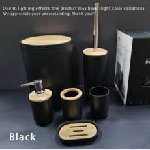 6er Badezimmer Accessoires Set, Kunststoff & Bambus Bad Ensemble Kit mit Seifenspender, Zahnputzbecher, Zahnbürstenhalter, Seifenschale, Toilette-Bürste & Halterung, Mülleimer, Geschenkset für Geburtstag, Feiertage, Einweihung, Weihnachten, in den Farben Schwarz, Weiß und Grau erhältlich