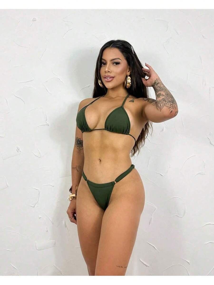 Women's Ribbon Bikini Bronze Adjustment Summer Carnival Beachwear Set - Army Green - View 1