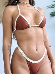 Women's Ribbon Bikini Bronze Adjustment Summer Carnival Beachwear Set - 雙色棕色 - 查看 4