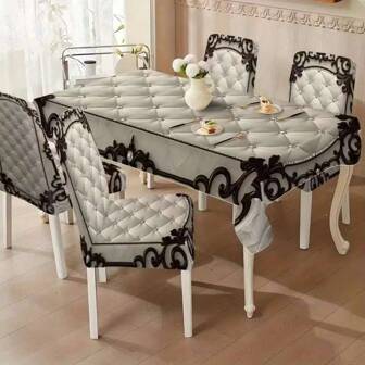 1/4/5/6/7件时尚简约欧美风印花椅套/椅套套装，适用于室内家居餐厅、酒店现代日常装饰。桌布适用于方桌，弹力椅套可水洗