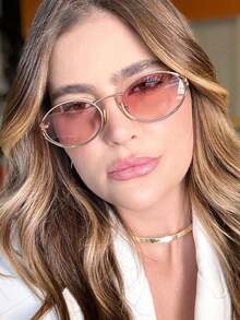 1 Peça Óculos de Moda Retrô Oval Y2K, Adequado para Viagem, Férias, Acessórios de Praia, Acessório Básico de Roupa de Outono/Inverno - Rosa chiclete - Visão 2