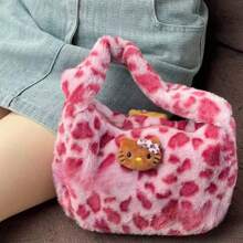Sanrio 1 Pc Hello Kitty Is A Highly Attractive Japanese And Korean Hottie Must-Have Leopard Print Black Leather KT Shoulder Hand-Held Plush Bag With Large Capacity Ins Style