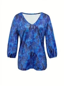 Plus Women's V-Neck Floral Print Loose Mid Sleeved T-Shirt Top Fall Clothes - Royal Blue - View 3