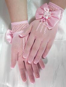 1 双儿童蕾丝镂空蝴蝶结公主手套（适合派对节日活动） - 粉色 - 查看 4