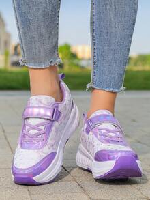 Boys/Girls/Teens Minimalist Hook & Loop Roller Skates, Quick Sliding, Convenient Slip-On/Off 4-Wheel Design, Detachable, Casual Sports Shoes - Purple - View 7