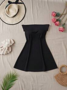 Elegant Solid Color Strapless Mini Dress, Summer - Black - View 5