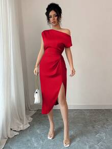 abyoxi 红色优雅不对称领口腰部手工褶皱缎面连衣裙，适合约会、生日派对、婚礼、返校舞会等场合，夏季新款女装时尚 - 紅色 - 查看 6