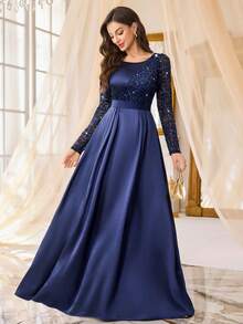 MIUSOL Sequin Floral Lace Contrast Satin Pleated Hem Long Sleeve Evening Party Maxi Dress, Semi Formal Women Dress, For Wedding Guest, Graduation, Homecoming