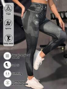 Pantalones capri de yoga con aspecto de jeans de talle alto para mujeres, ajuste delgado estilo europeo y americano, primavera/verano