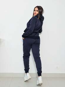 Women's Sweatshirt Set Kangaroo Pocket Hooded Cold Weather Set Plush Tracksuit Sweatshirt - 藏蓝色 - 查看 2