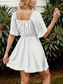 Vestido Casual de Manga Corta con Volante y Escote Corazón con Nudo Fruncido para Mujer - Blanco - Ver 4