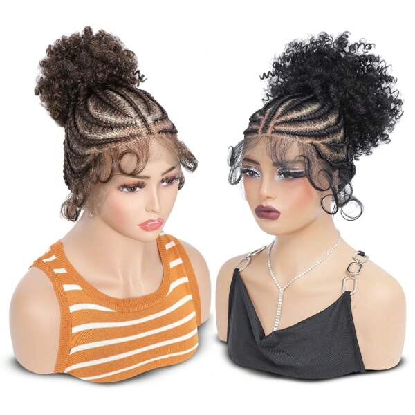 Perruque de tresses sans nœud avec des extrémités bouclées de 10 pouces en cheveux synthétiques, avec un chignon bouclé fait à la main en dentelle complète. Perruque de tresses sans nœud avec des cheveux bébé courts et mignons, idéale pour les