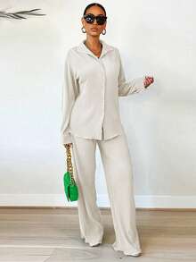 女士休闲印花褶皱衬衫阔腿裤两件套 春季 白色 - 白色 - 查看 4