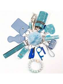 1 set de 15 pièces Porte-clés à strass pour femme - Porte-clés avec sangle de poignet, sac de rangement et accessoires de porte-carte à pompon. Kit d'accessoires de sac, de voiture