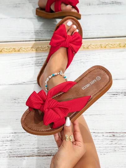 Kate Miuch Women's Europe And The United States Fashion Simple Classic Retro Sweet Cute Playful Suitable For Matching Dresses To The Beach Vacation Dating Party To Participate In The Wedding Cherry Red Brown Striped Bow Accessories Women's Flat Sandals Vacation Shoes For The Middle East Rome Warm Bright Elegant Generous Comfortable Lightweight Breathable Ankara Red Sunset Women's Flip-Flops Beach Shoes