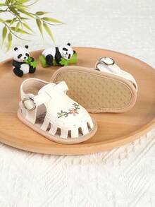 1 Pair Girls Embroidered Printed Hook & Loop Design Flat Sandals Princess Shoes, Suitable For Spring, Autumn And Summer - White - View 2