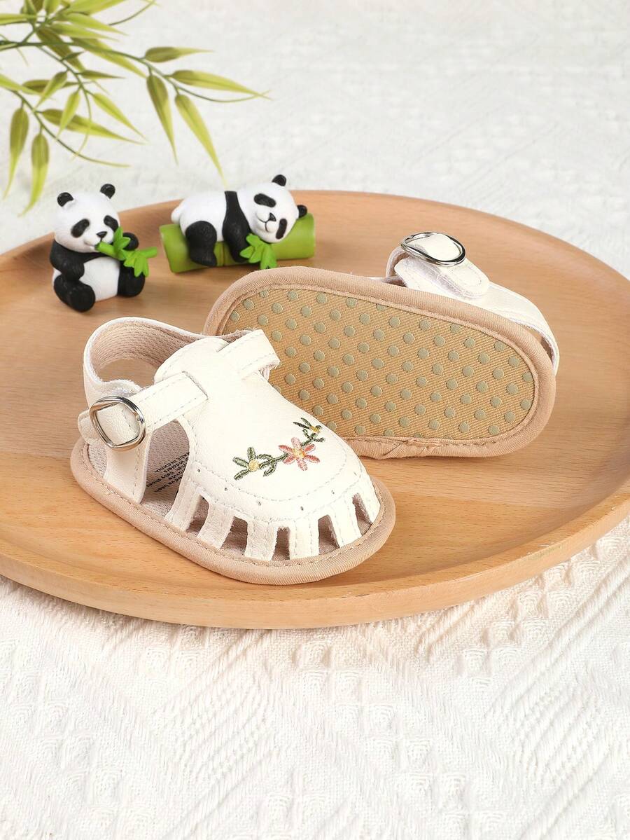 1 Pair Girls Embroidered Printed Hook & Loop Design Flat Sandals Princess Shoes, Suitable For Spring, Autumn And Summer