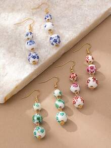 1 对复古手绘青花瓷串珠耳环，小众设计中式球形耳环，优雅女士吊坠耳环 - 耳環 - 查看 6