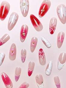 24pcs/Set Almond Shaped French Manicure 3D Floral Water-Drop Gradient Elegant Reusable Press-On Nails With 1pc Jelly Gel And 1pc Nail File, Adding A Romantic Touch For Daily Wear And Dates