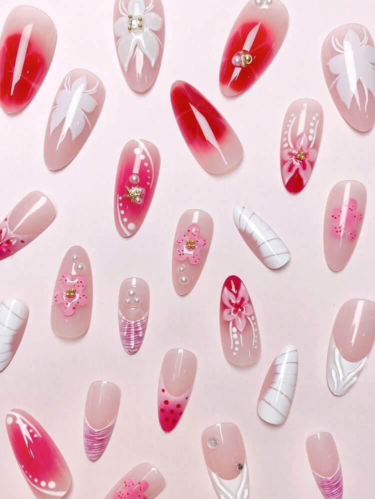 24 pièces/set Ongles à pression réutilisables de forme amande avec manucure française, fleurs 3D et dégradé de gouttes d'eau, élégants. Avec 1 pièce de gel de gelée et 1 pièce de lime à ongles, ajoutant une touche romantique pour le port quotidien et les rendez-vous. Fournitures pour ongles - Multicolore - Voir 4