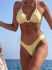 New European And American Style Women's Fashion Fresh And Elegant Plaid Print Tie Neck Bowknot Decorated 2 Pieces Bikini Swimsuit For Beach Vacation - Yellow - View 2