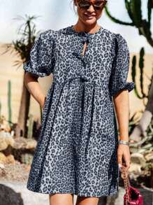 Women Elegant Leopard Print Round Neck Tie Front Short Sleeve Mini Dress