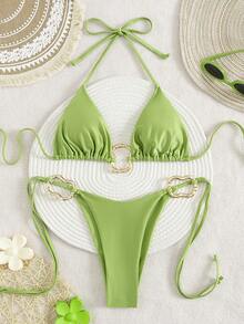 Avocado-Grünes sexy rückenfreies Bikini-Set mit Bindebändern, metallischer Schnallenverzierung, dehnbarem atmungsaktivem Stoff, geeignet für Frauen, geeignet für Ostern, Party, Musikfestival, Valentinstag; Damen Strandoutfit; Damen Abschlussfeier Urlaubsoutfit; Elegante Damen Strandbademode; Damen Strandbikini Bademode; Damen Bademode; Damen Badeanzug; Sommerurlaubsoutfit Urlaub - Grün - Übersicht 1
