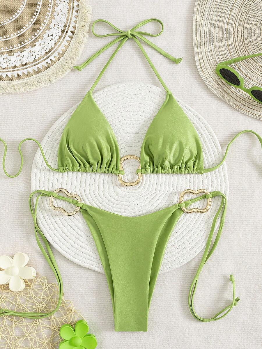 Avocado-Grünes sexy rückenfreies Bikini-Set mit Bindebändern, metallischer Schnallenverzierung, dehnbarem atmungsaktivem Stoff, geeignet für Frauen, geeignet für Ostern, Party, Musikfestival, Valentinstag; Damen Strandoutfit; Damen Abschlussfeier Urlaubsoutfit; Elegante Damen Strandbademode; Damen Strandbikini Bademode; Damen Bademode; Damen Badeanzug; Sommerurlaubsoutfit Urlaub - Grün - Übersicht 1