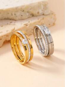 2-4 Packs Unisex Minimalist Stackable 18K Gold Plated Stainless Steel Rings Women Gifts , Simple Luxury Style For Daily Wear, April Birthstone, Non-Mosaic, Ideal For Thanksgiving Holiday - All Seasons Compatible