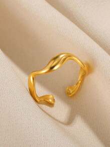 Anel minimalista com formato de onda irregular, curva, banhado a ouro 18k, aço inoxidável, aberto, ajustável, joia diária, presentes de aniversário de casamento