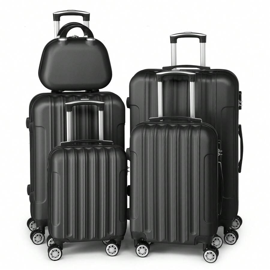 5 Piece Suitcase Set With Corner Protectors, 12/16/20/24/28 Inch Durable Hard Shell 360 Degree Spinner Wheels Large Capacity Multifunctional Lightweight Travel Suitcase - 豎橫黑色 - 查看 1