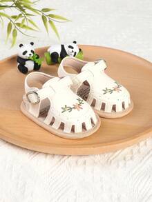 1 Pair Girls Embroidered Printed Hook & Loop Design Flat Sandals Princess Shoes, Suitable For Spring, Autumn And Summer - White - View 3