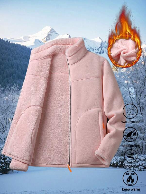 Women's Fleece Jacket Outdoor Warm Sherpa Solid Color Zip Up Coat, Autumn/Winter