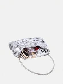 1pc Novachic Sequin Decorated, Vacation Style Sequins Wrist Decor Zipper Women Shoulder Bag, Suitable For Vacation & Party Use , New Year - Silver - View 6