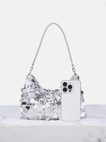 1pc Novachic Sequin Decorated, Vacation Style Sequins Wrist Decor Zipper Women Shoulder Bag, Suitable For Vacation & Party Use , New Year - Silver - View 3