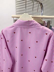 Áo sơ mi nữ cổ polo in hình trái tim kẻ sọc - Áo kiểu tay dài cài cúc dáng casual, thích hợp mặc hàng ngày vào mùa xuân, hè và thu. - Sọc hồng - Xem 9