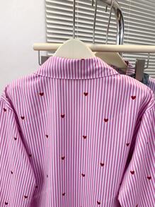 Women's Heart Print Polo Collar Striped Shirt - Casual Button-Up Long Sleeve Vacation Top For Spring Summer Fall Everyday Outfits