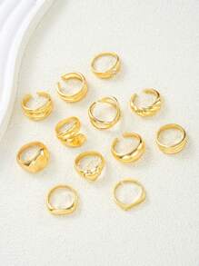 12pcs Chunky Heart Textured Wavy Criss-Cross Minimalist Plain Ring Set With Crystal Rhinestone, Metallic Chunky Oversized Rings Collection, Fashionable Elegant Vintage Design For Holiday Party, Gift, Daily Wear