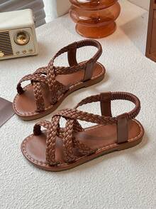 “1 双男孩和女孩棕色复古编织儿童凉鞋 3-12 岁 | 弹力抽绳透气编织公园/学校/海滩/户外/派对/表演都很好！”