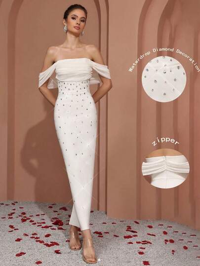  FEELAIR Women's Elegant White Sparkling Rhinestone Decor Off The Shoulder Mesh Sleeve Bodycon Solid Color Dress, Suitable For Dating, Single Party, Gathering, Ball, Graduation, Evening Party, Wedding Season Formal Occasion, Party Dress, Gown, For Wedding Guest