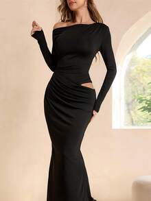 WOWDARK 女士冬季连衣裙，黑色时尚斜肩镂空褶皱极简主义派对连衣裙，适合情人节、约会、聚会、派对、旅行、度假、海滩等场合。