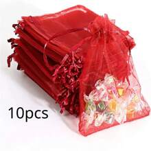 10pcs/100pcs Red Organza Drawstring Pouches 2.75"X3.54", Jewelry Gift Bags For Wedding, Birthday Party, Decorative Fabric Pouches, Makeup Bags, Party Supplies