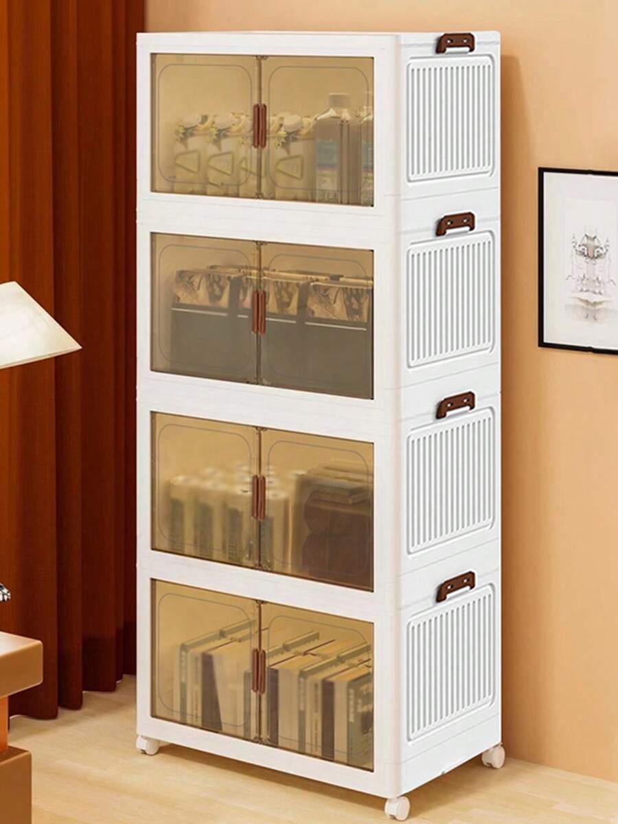 Estantería plegable de 5 niveles para decoración del hogar, gabinete de almacenamiento de gran capacidad, zapatero de plástico plegable con puertas, cajas para zapatos apilables y transparentes, de fácil montaje para la sala de estar - Blanco - Ver 1