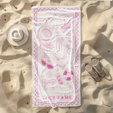 حوله شاطئ ناعمة جداً قابلة للتخصيص قياس كبير ، خفيفة الوزن ، سريعة الجفاف ، مناسبة للسباحة والتخييم والنزهة - مطبوعة باسمك - باللون الأبيض والوردي مع رسومات إكسسوارات الشاطئ