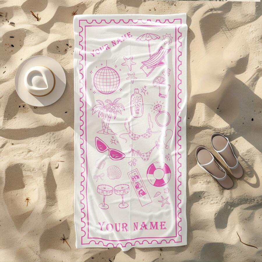 حوله شاطئ ناعمة جداً قابلة للتخصيص قياس كبير ، خفيفة الوزن ، سريعة الجفاف ، مناسبة للسباحة والتخييم والنزهة - مطبوعة باسمك - باللون الأبيض والوردي مع رسومات إكسسوارات الشاطئ
