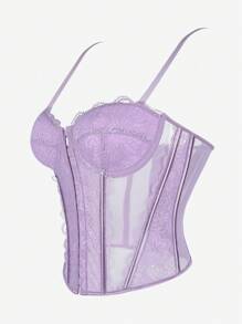 Top de corsé de malla y encaje para mujer, corpiño ajustable negro con broche delantero, cinturón de la cintura