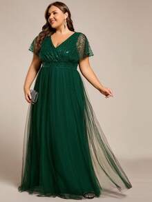 EVERPRETTY Sheer Contrast Sequin V-Neck Short Sleeve High Waist Green Evening Dress, Formal Autumn Gala Dress - Dark Green - View 4