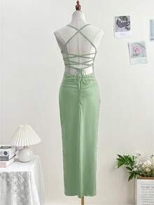 Vestido de verano sexy de unicolor con cordones, espalda descubierta y abertura lateral tipo halter - verde menta - Ver 2